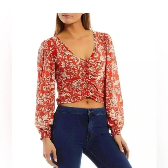 Free People Tops - Free People Say The Word Floral Print V-Neck Long Sleeve Red Ruched Top Size M
